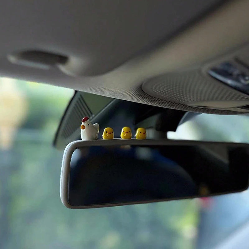 5PC Car Interior Decoration Accessories, Cute Female Cartoon Figurines, Rear Mirror, Air Outlet, Mini Yellow Chicken